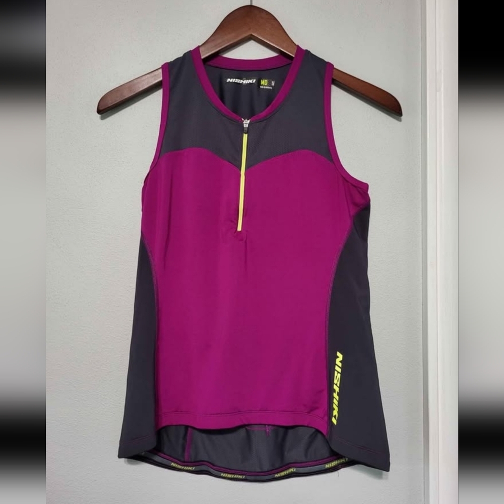 Nishiki Women's Gray Purple Sleeveles 1/2 Zip Cycling Jersey Shirt Size Medium